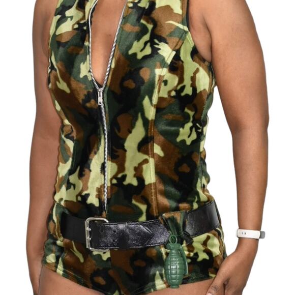 Lip Service Romper Green Vintage One Piece Furry Plush Bodysuit Camo Size Small - Picture 4 of 15